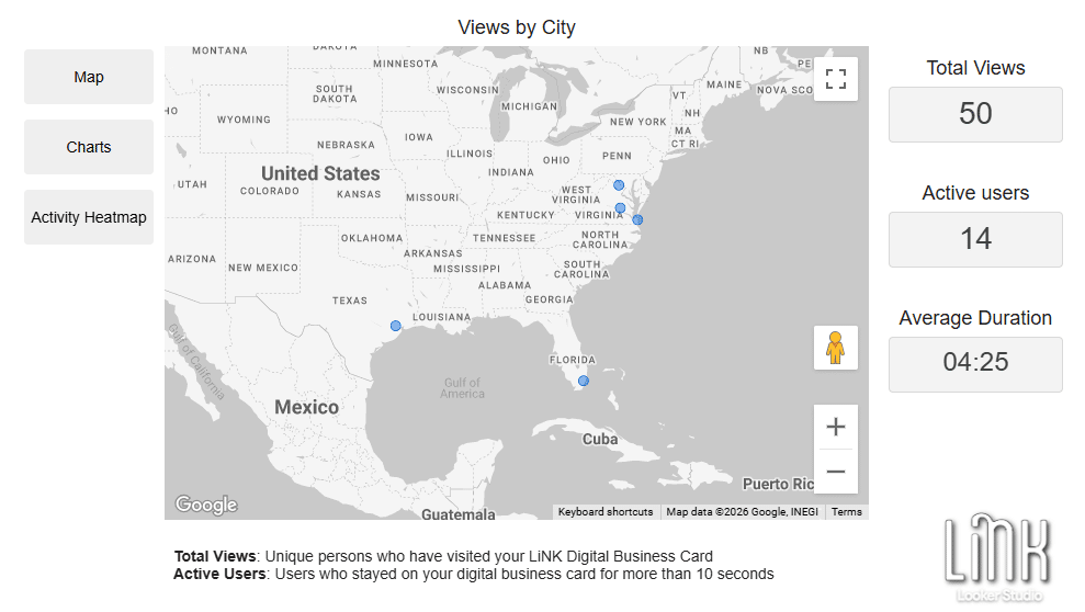 A map of the United States showing data for a digital business card. Indicators mark various locations with a total of 50 views, 14 active users, and an average duration of 4 minutes and 25 seconds.