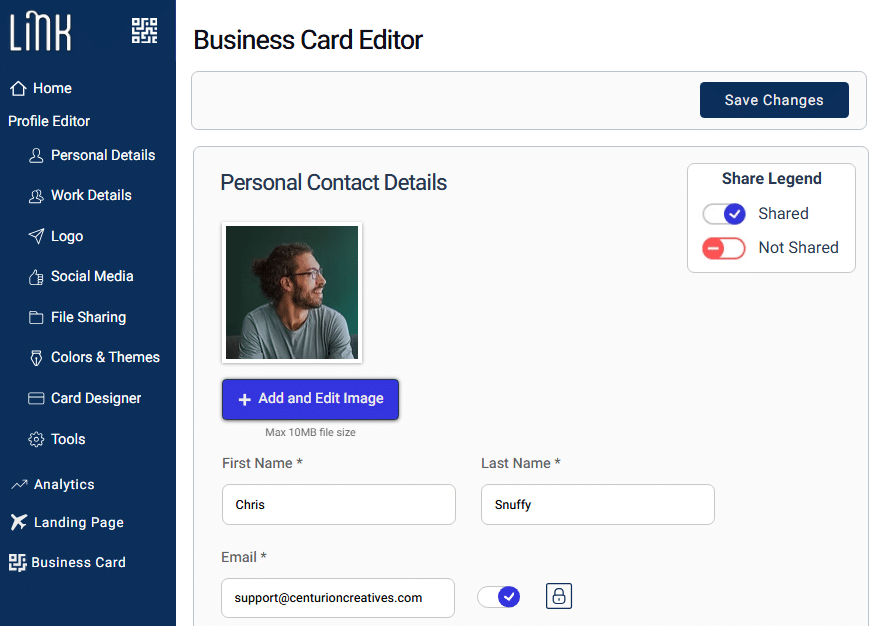 How to set up a digital business card. Screenshot of a business card editor interface titled 'Business Card Editor'. It includes sections for personal contact details with fields for first and last name, email, and an option to add an image. Relevant to getting started with a digital business card.