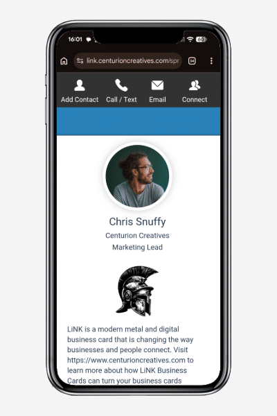 Digital Business Cards. How to connect instantly. A smartphone displaying a profile page for Chris Snuffy, Marketing Lead at Centurion Creatives. The page features a circular profile picture, contact options, and text explaining how getting started with a digital business card can change the way businesses connect.