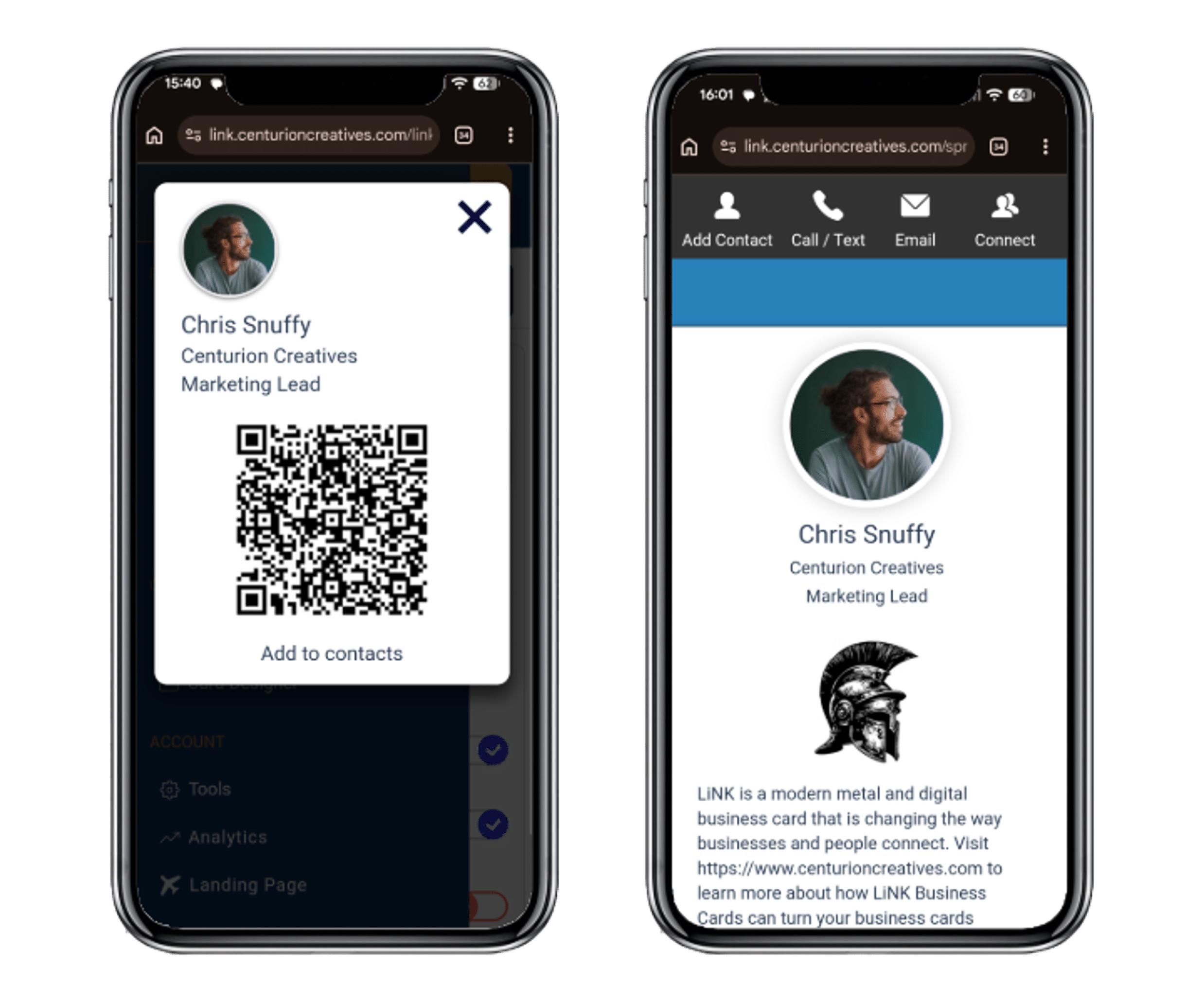Two smartphones showing LiNK digital business card showing examples of a Marketing Lead at Centurion Creatives. The left display features the LiNK QR code, while the right includes the member digital card and landing page with contact information, notes, Client Capture, email, phone, and contact details download button.