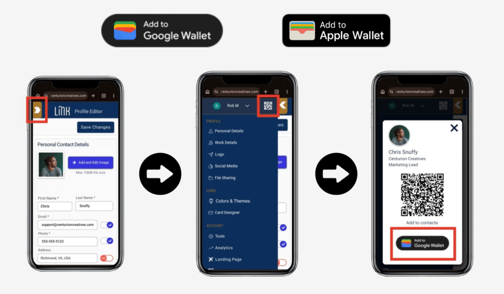 A smartphone screen displaying the process of setting up a digital business card. The left screen shows the profile editor, the middle screen lists options, and the right screen shows the QR code for adding to Google Wallet, labeled with Chris Snuffy's details.