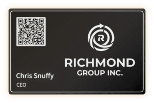 A digital business card featuring a black background. The card displays the name 'Chris Snuffy' and the title 'CEO'. A QR code is located on the left, and the logo of 'Richmond Group Inc.' is present to the right.
