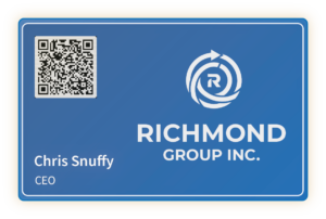 A digital business card featuring a blue background. It displays the name "Chris Snuffy" and his title "CEO" below the company name "RICHMOND GROUP INC." A QR code is located in the upper left corner, serving as a contact link.