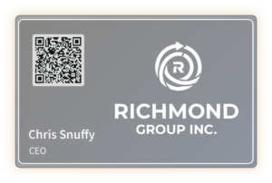 A digital business card featuring the name "Chris Snuffy" and the title "CEO". The card displays a QR code on the left and the logo of "Richmond Group Inc." on the right, all set against a gray background.