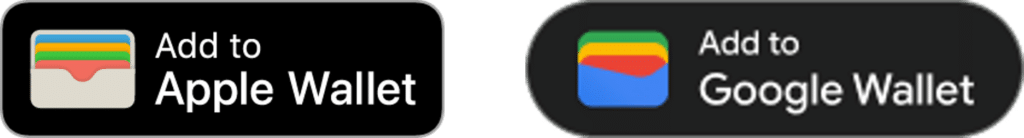 Buttons for adding a digital card to Apple Wallet and Google Wallet. The Apple Wallet button features a colored icon and text 'Add to Apple Wallet,' while the Google Wallet button displays a similar design with 'Add to Google Wallet.' This illustrates how to set up a digital business card.