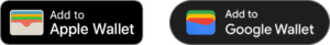 Buttons for adding a digital card to Apple Wallet and Google Wallet. The Apple Wallet button features a colored icon and text 'Add to Apple Wallet,' while the Google Wallet button displays a similar design with 'Add to Google Wallet.' This illustrates how to set up a digital business card.